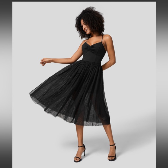 HALARA Dresses & Skirts - V Neck Ruched Backless Crisscross Lace Up Contrast Mesh Midi Casual Dress